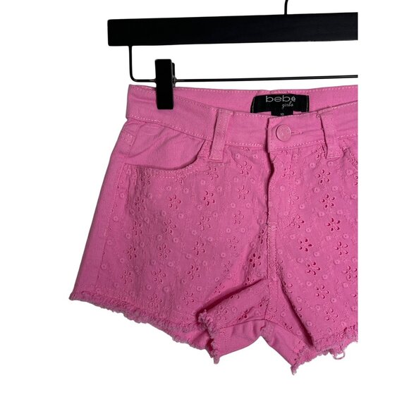Bebe Shorts Girls Eyelet Embroidered Sz 10 Kids Cut Off Raw Hem Jean Denim Pink - Picture 2 of 10